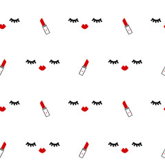 cute seamless vector pattern background illustration with eyelashes, red lips and lipstick

