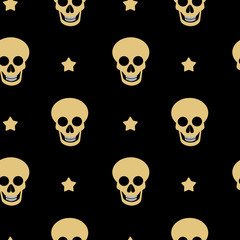 black and gold seamless vector pattern background illustration with skulls and stars

