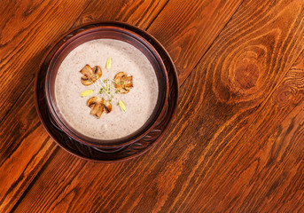 Cream of mushroom soup, top view.
