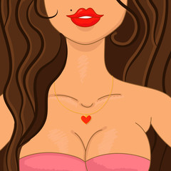 Sexy girl, brunette with full lips. A woman with a pendant in the form of a heart on chest. Cute cartoon style avatar.