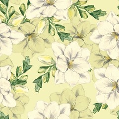 Freesia on a yellow background. Seamless floral pattern. Watercolor illustration. Hand-drawing