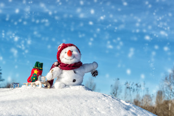 Naklejka na ściany i meble Happy snowman with hat