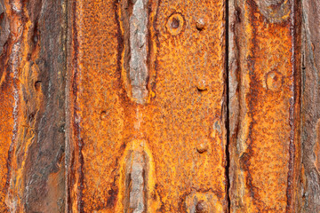Background of old distressed iron panels covered in rust