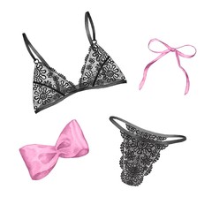 Fishnet lingerie with satin bows. Watercolor handmade drawing. Isolated on white.