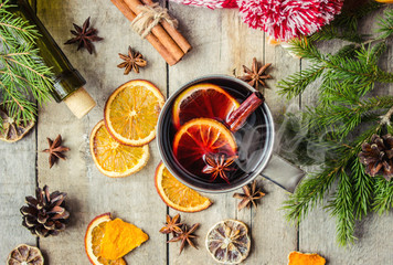 Hot mulled wine in a mug.  