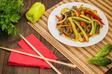 Beef Korean. Wooden background. Top view