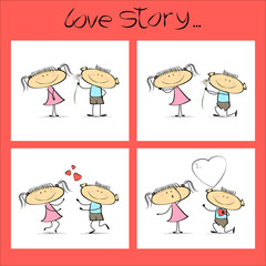 Love story, a set of illustrations for Valentine's Day. Vector cartoon sketch