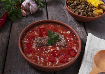 Traditional Georgian soup Kharcho with meat and rice in ceramic ware