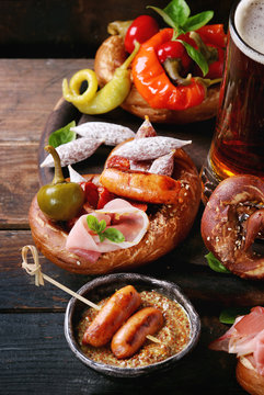 Variety of meat snacks in pretzels