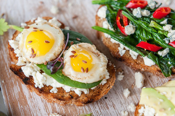 tasty and delicious bruschetta with with vegetables, cheese and micro greens