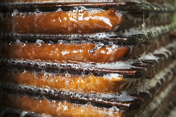 Foaming fresh juice running down sides of press