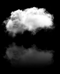 Single white fluffy cloud with its reflection flying over black