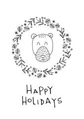 Greeting card with lettering, wishes, holiday Christmas or New Year. Christmas, lettering written underneath the Christmas wreath which features a cartoon animal
