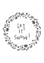 Greeting card with lettering, wishes, holiday Christmas or New Year. Christmas, lettering written in rojestvensky wreath