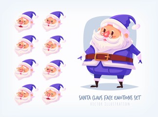 Set of blue suit Santa Claus face emotions icons Cute cartoon faces collection Merry Christmas vector illustration