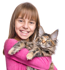 Little girl with Maine Coon kitten