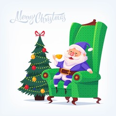 Cute cartoon blue suit Santa Claus sitting in chair drinking tea Merry Christmas vector illustration Greeting card poster