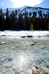 冬のカナディアン・ロッキー　クートニー国立公園の川と山並み