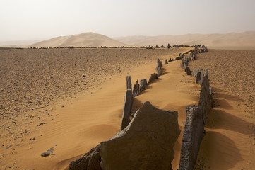 Foundations of an ancient temple on the reg Taita in the Akakus plateau in the Fezzan Desert, Libya