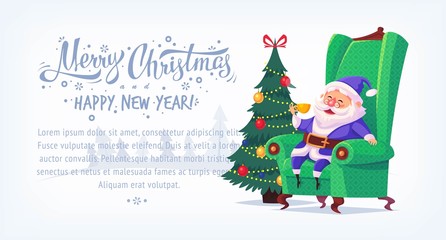 Cute cartoon blue suit Santa Claus sitting in chair drinking tea Merry Christmas vector illustration horizontal banner