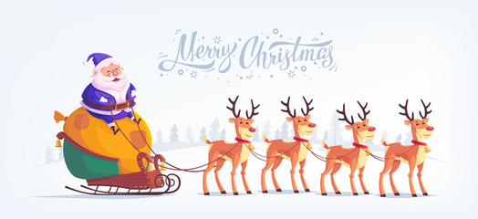 Cute cartoon blue suit Santa Claus riding reindeer sleigh Merry