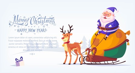 Cute cartoon blue suit Santa Claus sitting in sleigh with reindeer Merry Christmas vector illustration horizontal banner