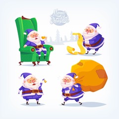 Collection of cartoon vector blue suit Santa Claus icons. Christmas illustration