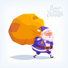 Cute cartoon blue costume Santa Claus delivering gifts in big bag Merry Christmas vector illustration Greeting card poster