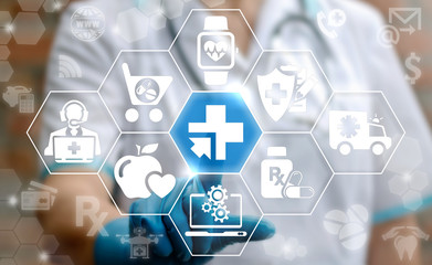 Medicine health care digital integration computing modernization web concept. Doctor presses plus...