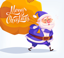Cute cartoon blue costume Santa Claus delivering gifts in big bag Merry Christmas vector illustration Greeting card poster