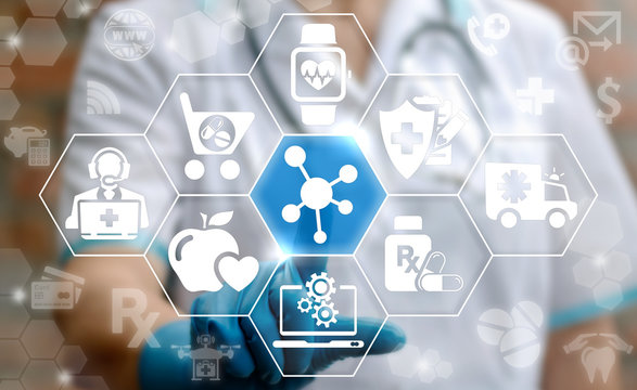 Medicine health care science modelling computing modernization web concept. Doctor presses atom button on virtual screen on background of cloud medical healthcare insurance medical icon