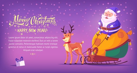 Obraz na płótnie Canvas Cute cartoon blue suit Santa Claus sitting in sleigh with reindeer Merry Christmas vector illustration horizontal banner