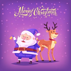 Cute cartoon blue costume Santa Claus ringing bell and funny reindeer Merry Christmas vector illustration Greeting card poster horizontal banner