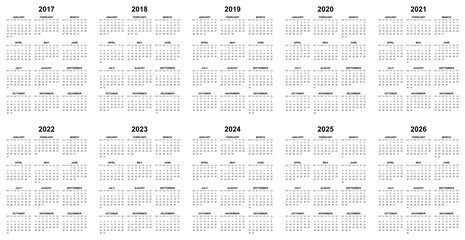 Simple editable vector calendars for year 2017 2018 2019 2020 2021 2022 2023 2024 2025 2026 mondays first