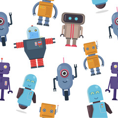 Colorful cartoon robots seamless pattern, flat vector illustration