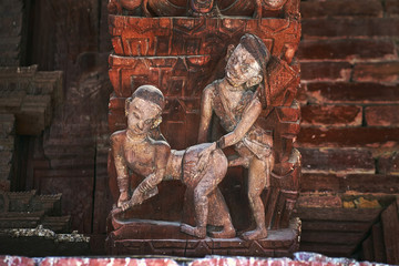 Erotic kamasutra carvings on the roof of Jagannath Temple on Durbar square in Kathmandu