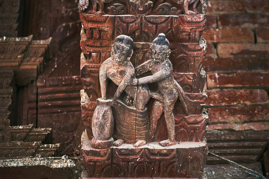 Erotic kamasutra carvings on the roof of Jagannath Temple on Durbar square in Kathmandu