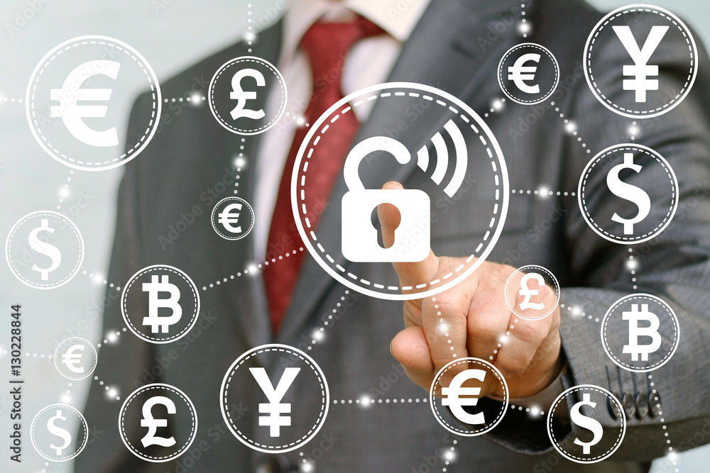 Poster businessman presses security lock wireless wifi button on virtual screen on background of network cl