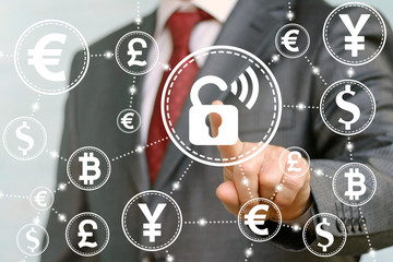 Fototapeta na wymiar Businessman presses security lock wireless wifi button on virtual screen on background of network cloud currency money. Safety finance bank trade exchange concept.