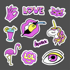 Fashion quirky cartoon doodle patch badges with cute elements. Set of stickers in comic style 80s 90s. Cats, palm, ice-cream, coctail. Eps 10