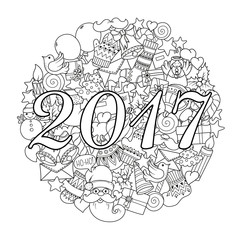 Merry christmas set of xmas monochrome pattern and text templates. Holiday greeting cards, coloring book page.