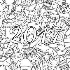 Merry christmas set of xmas monochrome pattern and text templates. Holiday greeting cards, coloring book page.