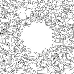 Merry christmas set of xmas monochrome pattern and text templates. Holiday greeting cards, coloring book page.