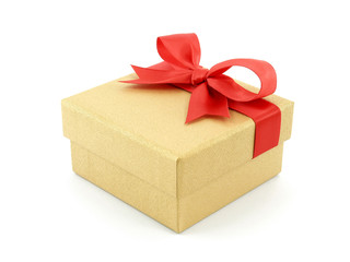 closed luxury gold cardboard gift box with red ribbon bow isolated on white