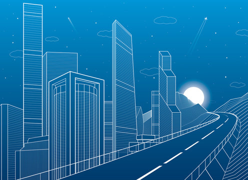 Highway in mountains. Tower and skyscrapers, neon city and business buildings, night scene, white lines on blue background, vector design art