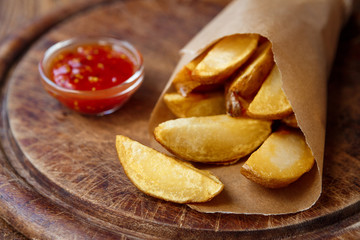 Fries and potato wedges wrapped takeaway at wood