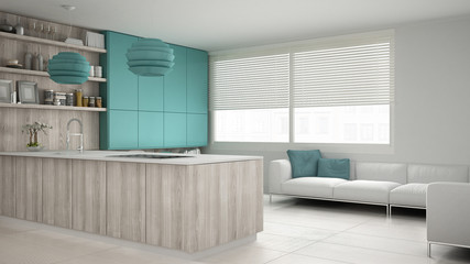 Minimalistic white kitchen with wooden and turquoise details, mi