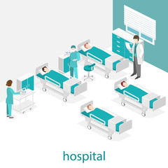 Isometric flat interior of hospital room. Doctors treating the patient.