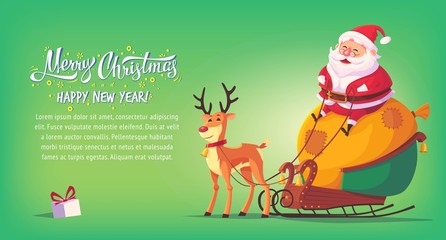 Cute cartoon Santa Claus sitting in sleigh with reindeer Merry Christmas vector illustration horizontal banner