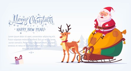 Obraz na płótnie Canvas Cute cartoon Santa Claus sitting in sleigh with reindeer Merry Christmas vector illustration horizontal banner